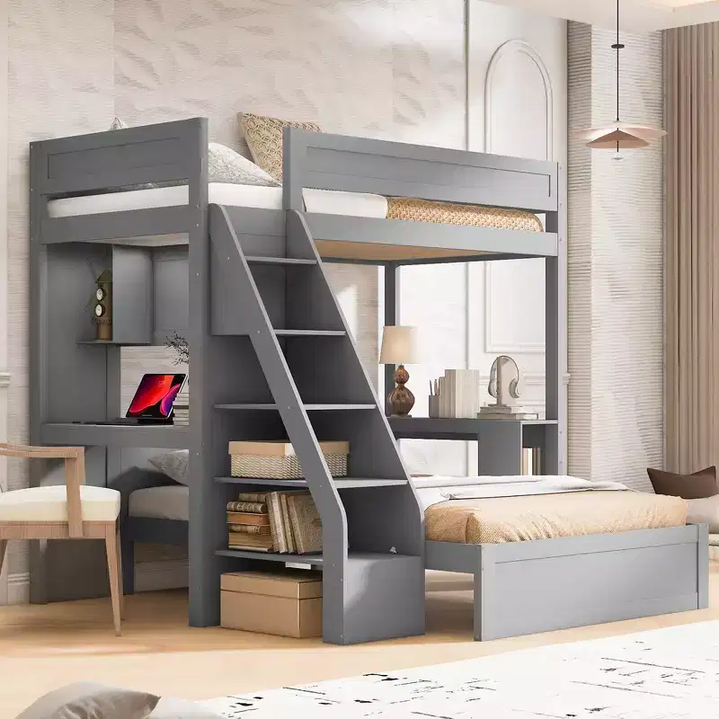 Whisen Twin XL Over Full Bed & Bed Frame with Desk and USB