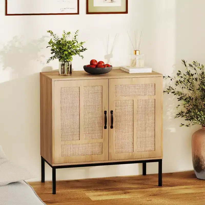 Rattan Storage Cabinet with 2-Door Buffet Sideboard & 3-Position Adjustable Shelf