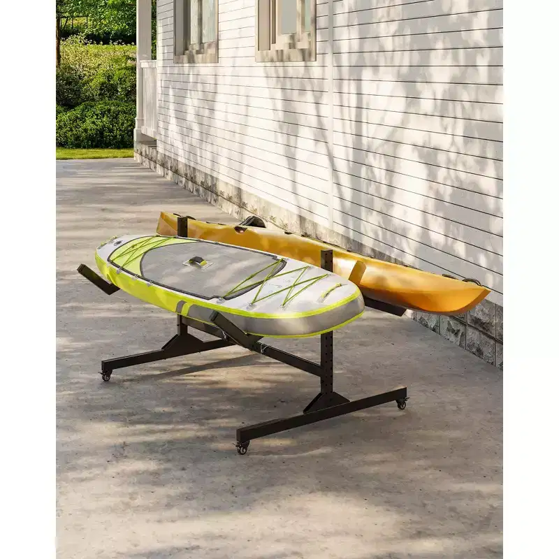 2-Kayak Freestanding Storage Rack - Adjustable SUP/Canoe Stand with Lockable Wheels, Grey