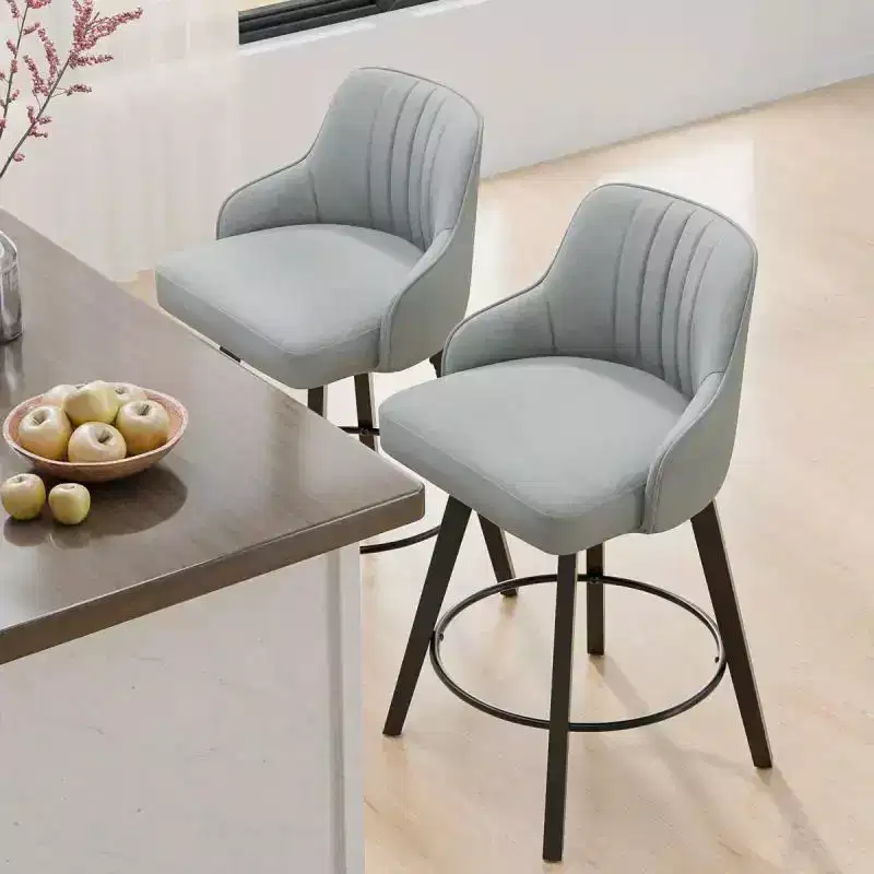 Thick Padded Cushion Wood Legs Modern Bar Stool With 360 Rotation