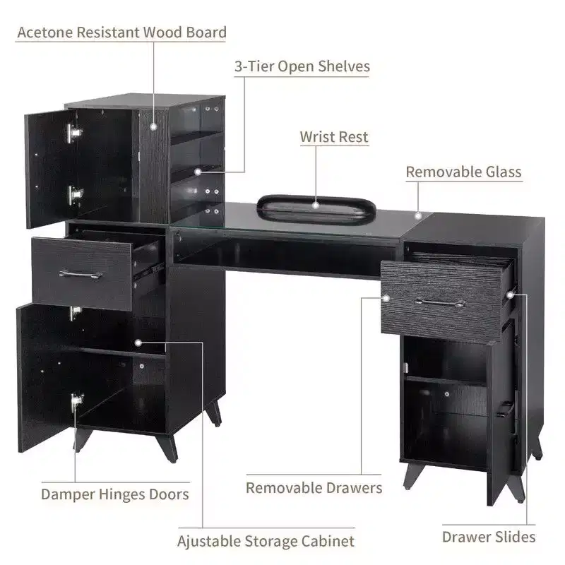Karlhome Black 55inchL*19inchW*44inchH Manicure Table Modern Salon Nail Desk with Glass Top Wrist Cushion