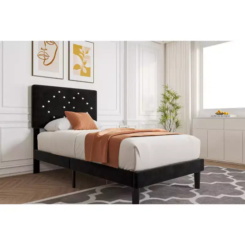 Velvet Upholstered Platform Bed Frame with Channel Tufted Headboard & Wood Slats