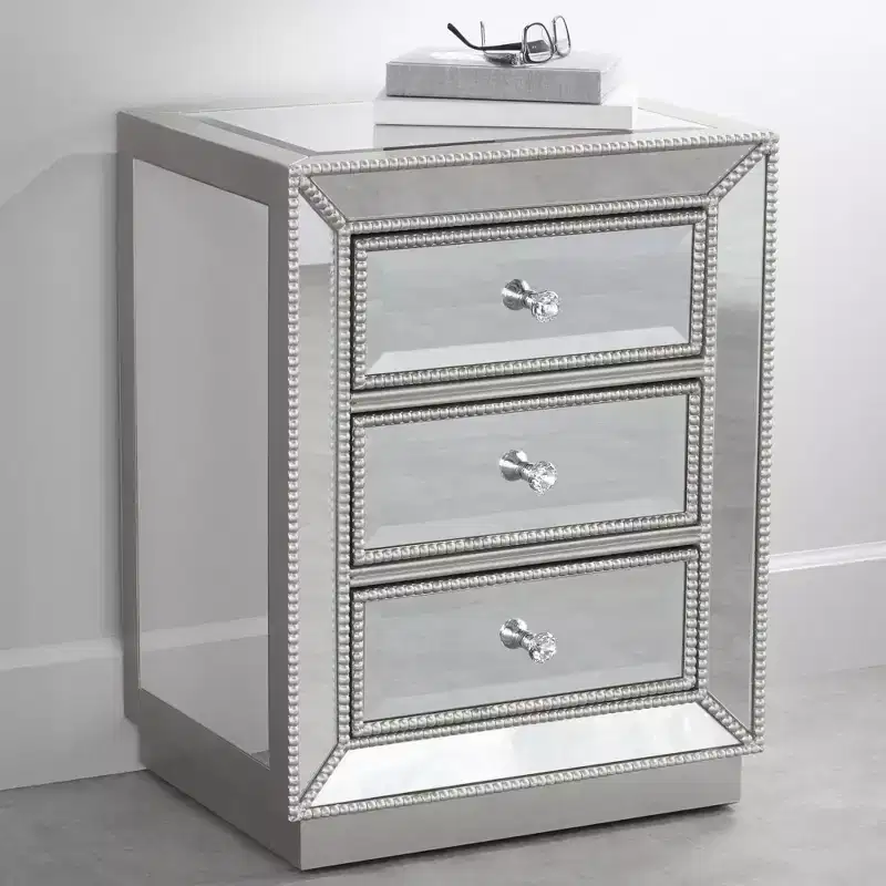 Coast to Coast Accents Trevi Modern Mirrored Rectangular Accent Table 20 x 15 with 3-Drawer Silver Beaded Trim for Living Room Bedroom Bedside House