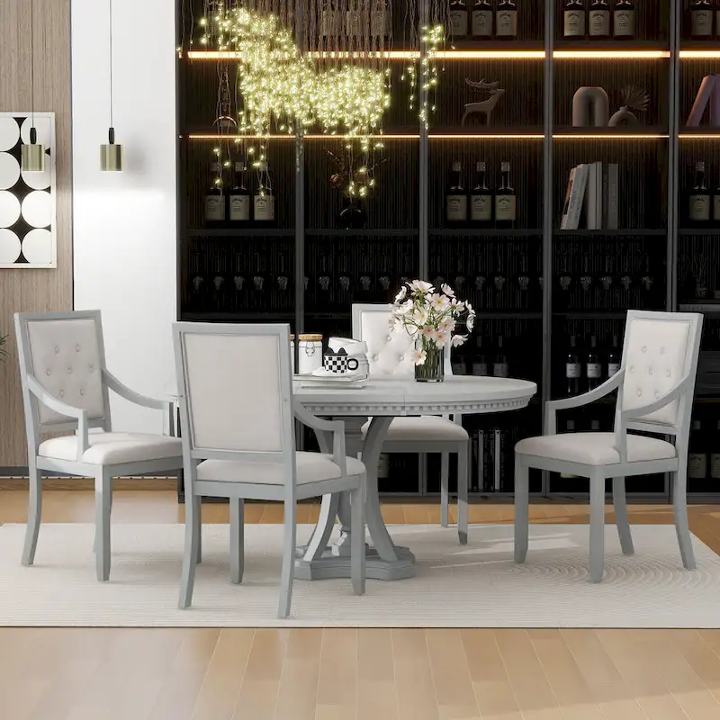 Antique Gray Retro 5-Piece Wooden Dining Table Set with Extendable Round Table & 4 Chairs