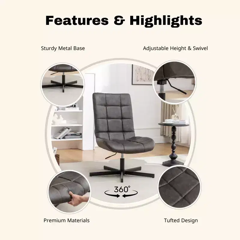 Faux Leather Tufted Swivel Accent Chair with Adjustable Height, 360° Swivel