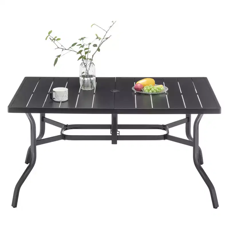 Laukingdom 1pc Outdoor Patio Dining Tabletop Steel Table with Umbrella Hole & Grooved Tabletop for 6