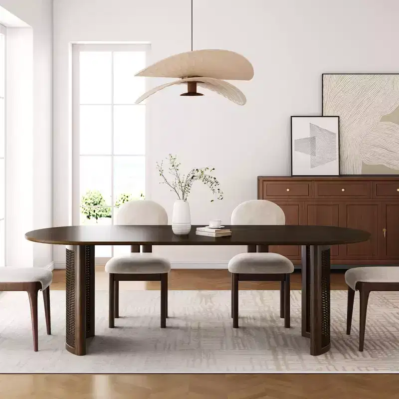 PexFix 67 Oval Dining Table for 4-6 with Arc-Shaped Edge Top and Rattan Woven Base Modern Farmhouse Kitchen Table for Living Room Dining Room Walnut