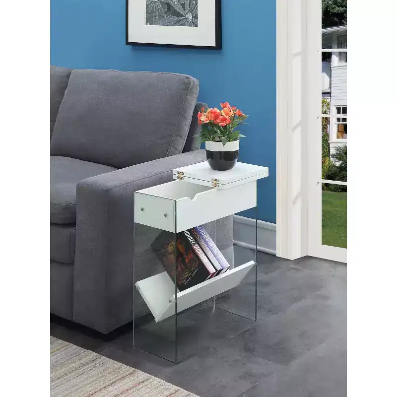 Rustic Industrial End Table – Grooved Top, Metal Accents, 2-Tier Storage Shelves