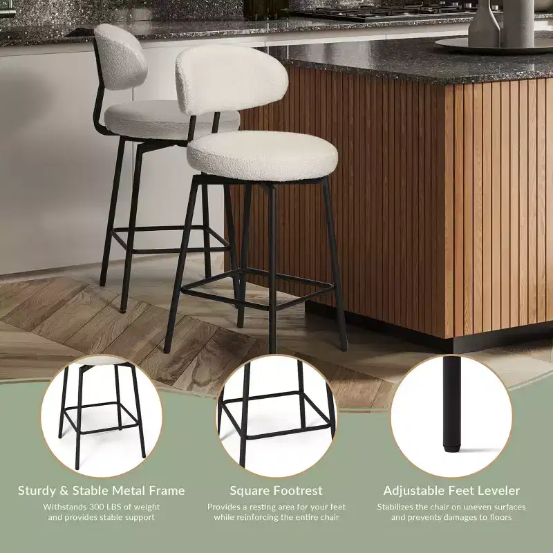 Modern Upholstered Faux Shearling Fabric Counter Height Bar Stools with Back (Set of 2