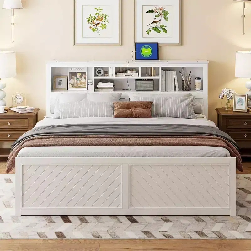 Clihome King Size Wood Platform Bed with Multi-storage Headboard, USB and Drawers