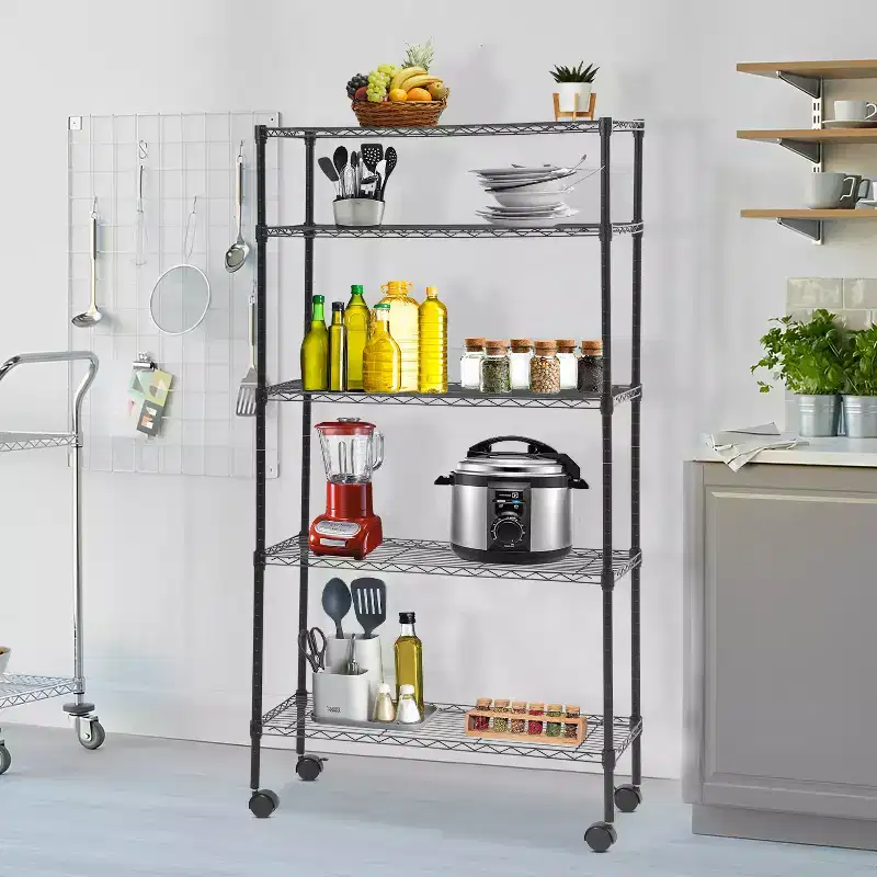 5-Tier Heavy-Duty Wire Shelving Unit with Adjustable Shelves and Lockable Wheels