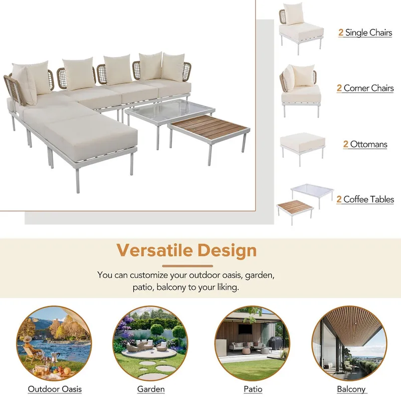 8-Piece Patio Sectional Sofa Set with Tempered Glass Coffee Table