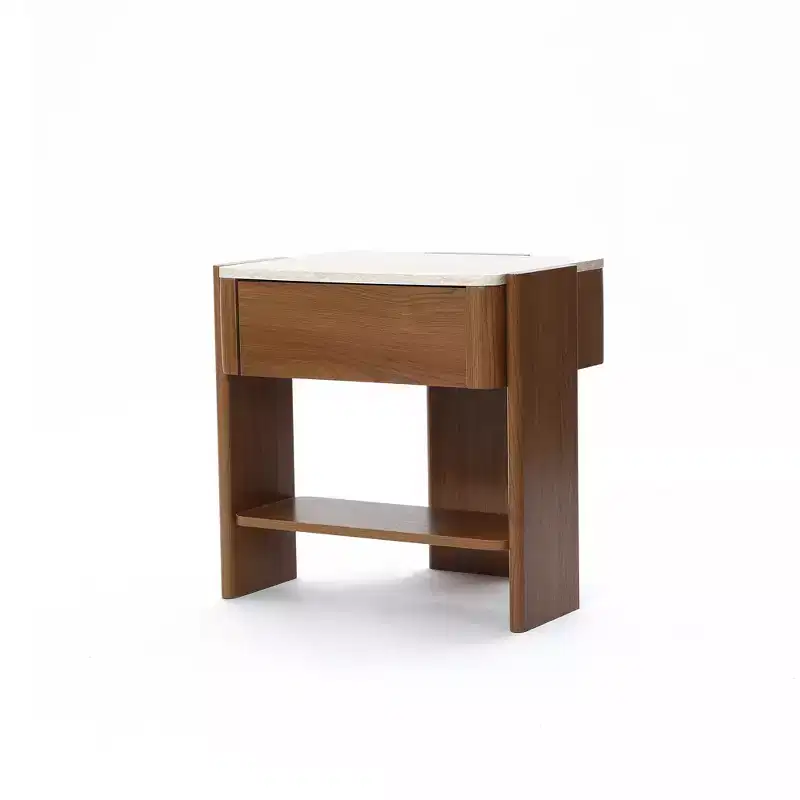 LuxenHome Faux Travertine Nightstand with Drawer and Open Shelf, MDF Wood Accent Side Table Brown