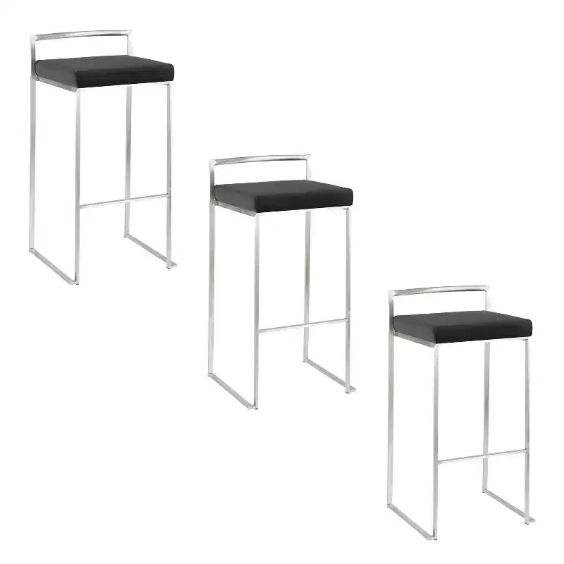LumiSource Set of 3 Fuji Stacker Barstools Stainless Steel/Black Velvet