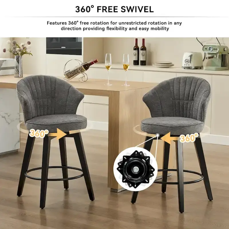 White / Blue / Dark Grey Swivel Bar Stools, Set of 2, Chenille Cushioned Counter Height Chairs with Metal Legs