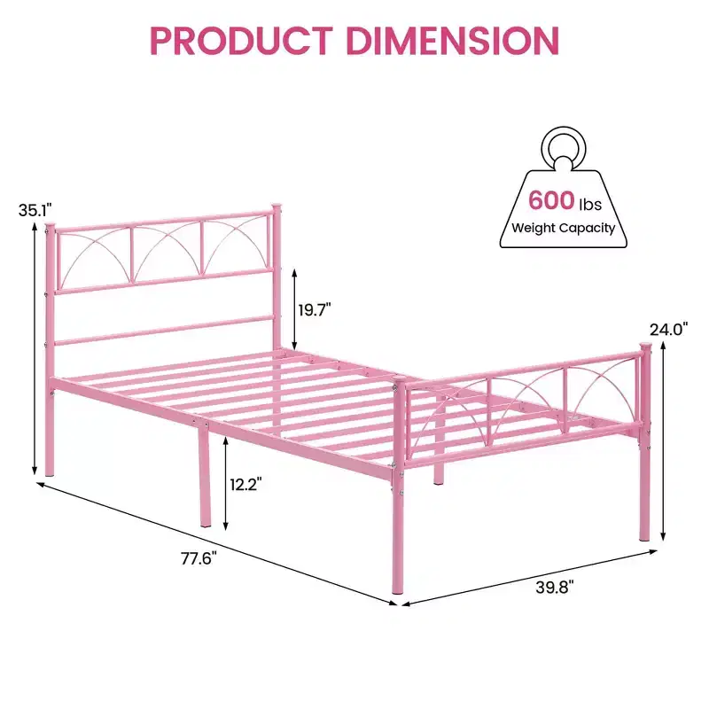 14 Inch Twin Bed Frame with Headboard/Footboard, Pink Platform Bed with Underbed Storage