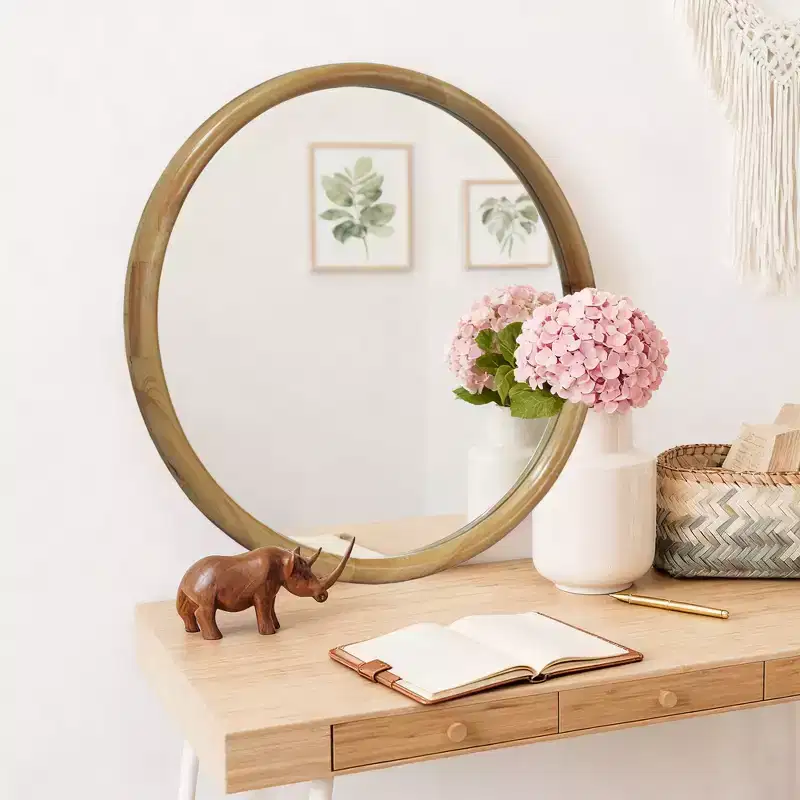 GDFStudio Elowen Mid-Century Modern Round Wood Framed Wall Decorative Mirror