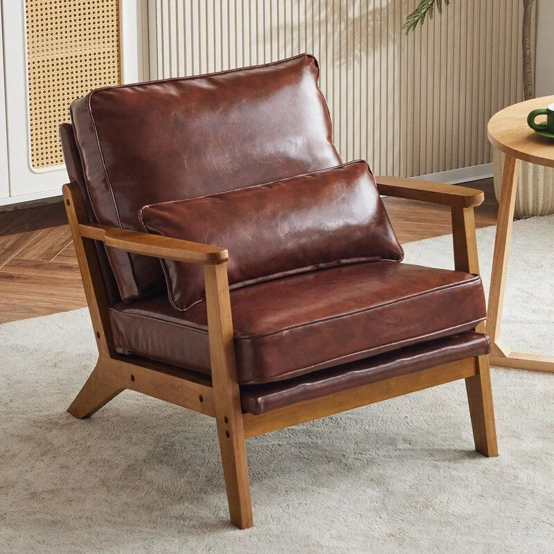 Upholstered Linen Blend Accent Chair with Wooden Legs and One Pillow Beige