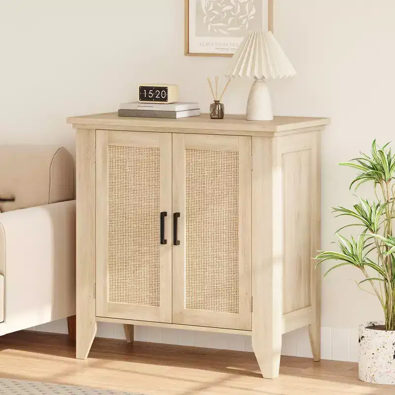 Rattan storage cabinet with doors and shelves, sideboard, suitable for entryways, dining rooms, and living rooms.