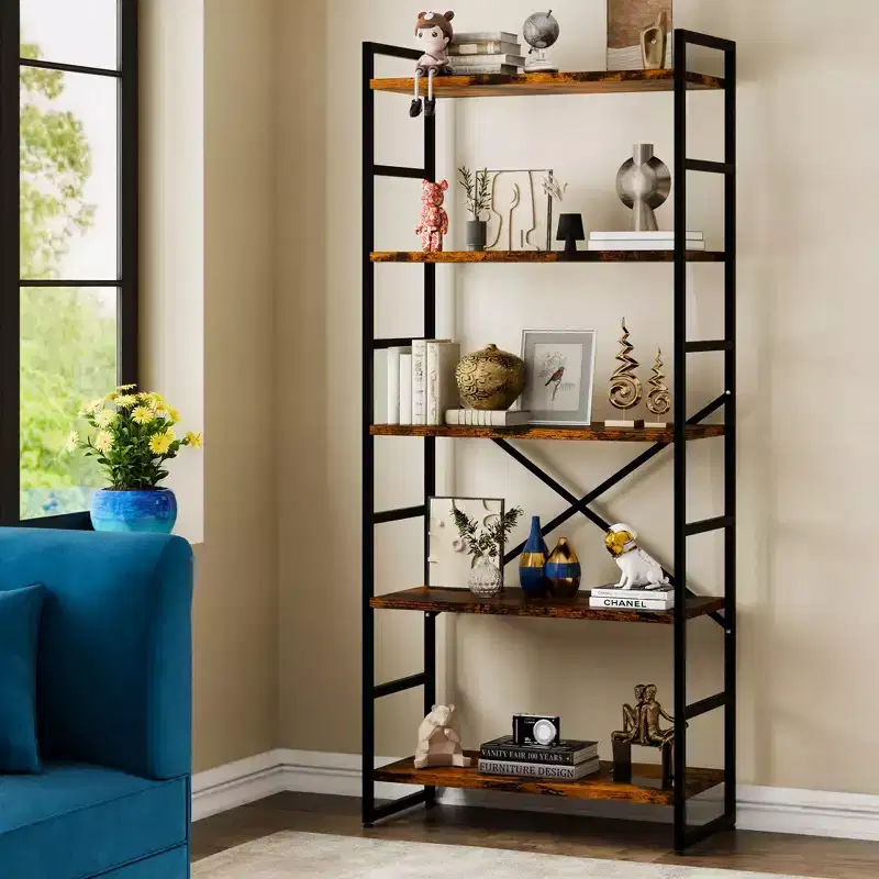 5-Tier Tall Wooden Bookcase with Metal Frame, 62.2