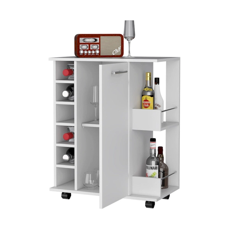 Woodland Bar Cart with Casters, Wine Rack and Open Shelf Black