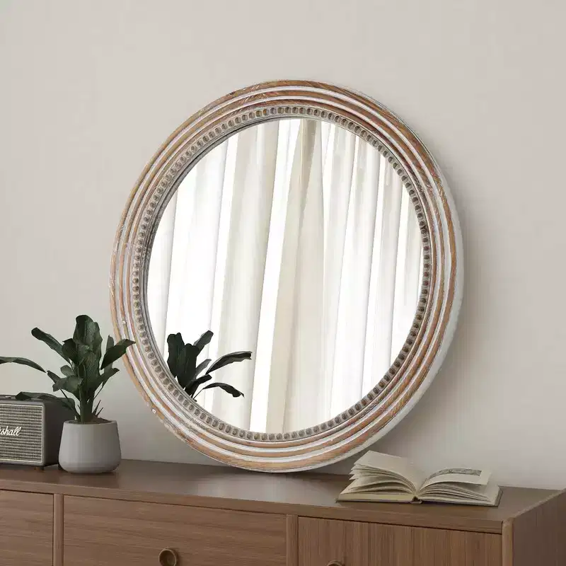 Farmhouse Round Decorative Wall Mirror with Beaded Decor, Rustic Wood Frame - Antique Natural