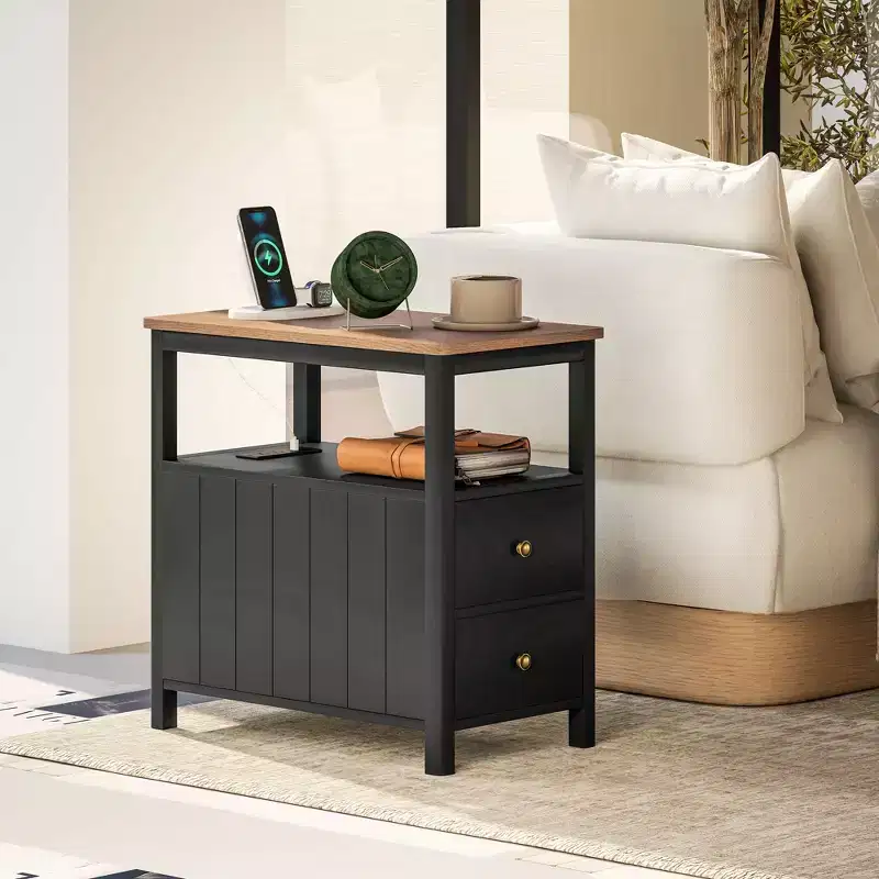 HOMCOM Narrow End Table with Charging Station and USB Ports for Living Room, Modern Side Table with Drawers, Shelf