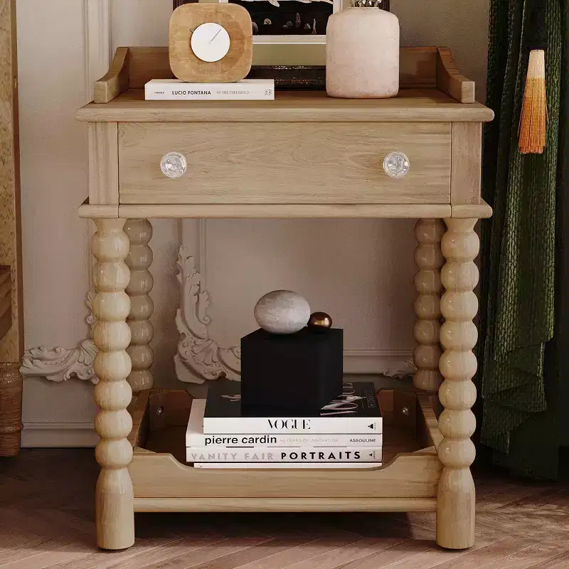 MAYEERTY Retro Style Nightstand with Drawer Open Shelf Turned Legs Metal Handle for Bedroom Natural