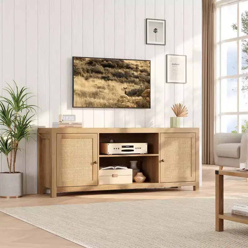 Boho TV Stand with 2 Rattan Doors for 65/75 inch TVs, 58/66 inch Media Console