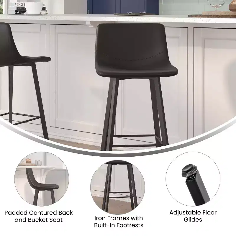 Merrick Lane Set of 2 Modern Upholstered Stools with Contoured, Low Back Bucket Seats and Iron Frames