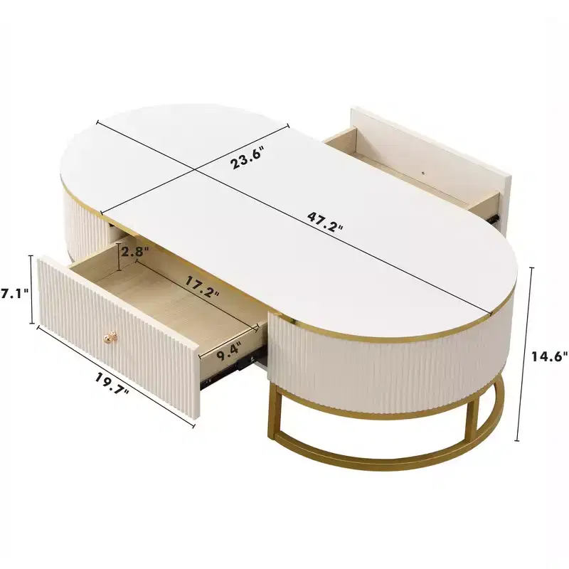 47W Modern Coffee Table Cocktail Table Center Table Accent Table with Drawers, Curved Profile Design, Gold Metal Leg, Oval, White+Gold-ModernLuxe