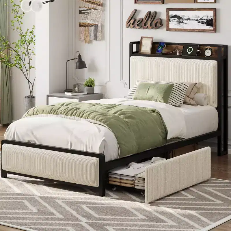 COZONY Upholstered Bed Frame with Storage, 2 Drawers Charging Station Steel Slats No Box Spring