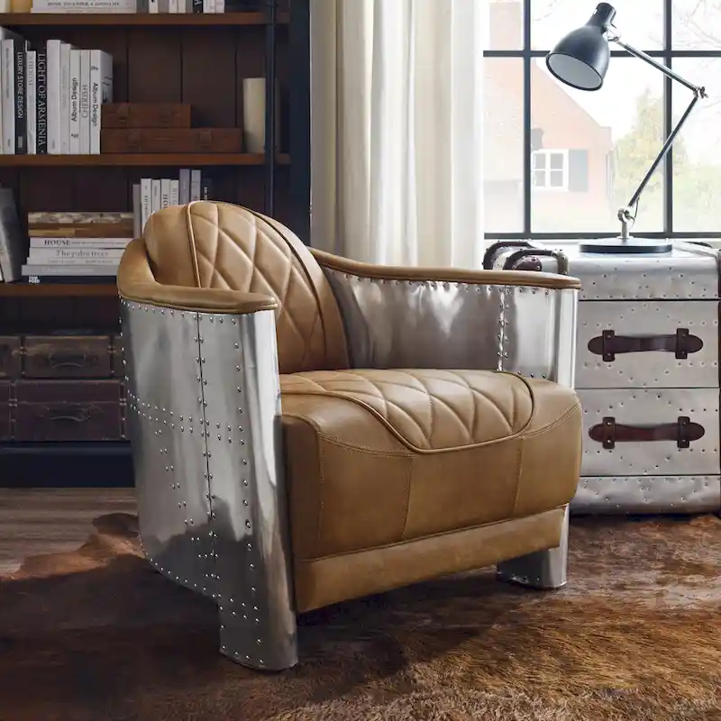 Industrial Top-Grain Leather Accent Chair with Aluminum Frame & Steel Grommets, 300 lb Capacity