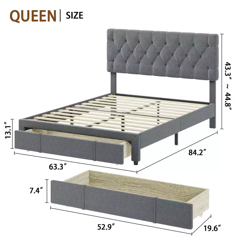 Queen Size Bed Frame with 2 Storage Drawers, Upholstered Platform Bed Frame with Adjustable Button Tufted Headboard, Mattress Foundation with Slats