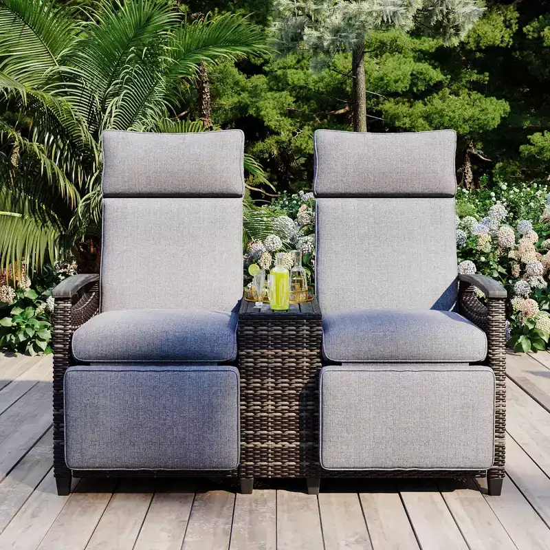 Okak 80-145 Patio Recliner Loveseat with Built-In Storage Table,High Back&Adjustable Footrest,Outdoor Lounge Chair for Porch&Backyard