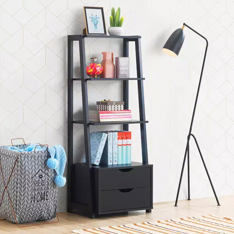 Costway 2 PCS 4 Tier Bookshelf Ladder Rack Modern Wood Storage Display Shelving with Drawers White&Natural/Black