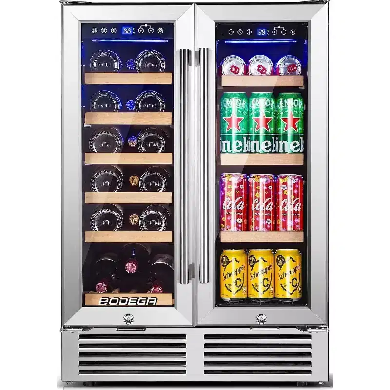24-inch refrigerator, dual zone cooler, fridge holds 19 bottles and 57 cans,LCD screen control,Fan circulation system,Double glazed glass door