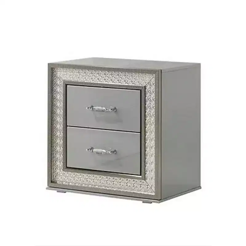 Nightstand with 2 Drawers, Scale Molding Trim, Metallic Gray Wood