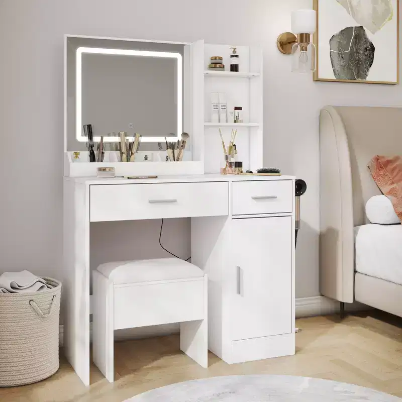 Modern Makeup Vanity Desk with LED Mirror, Cabinet and Shelf Storage, Charging Station, Matching Stool, and Open Shelves for Bedroom