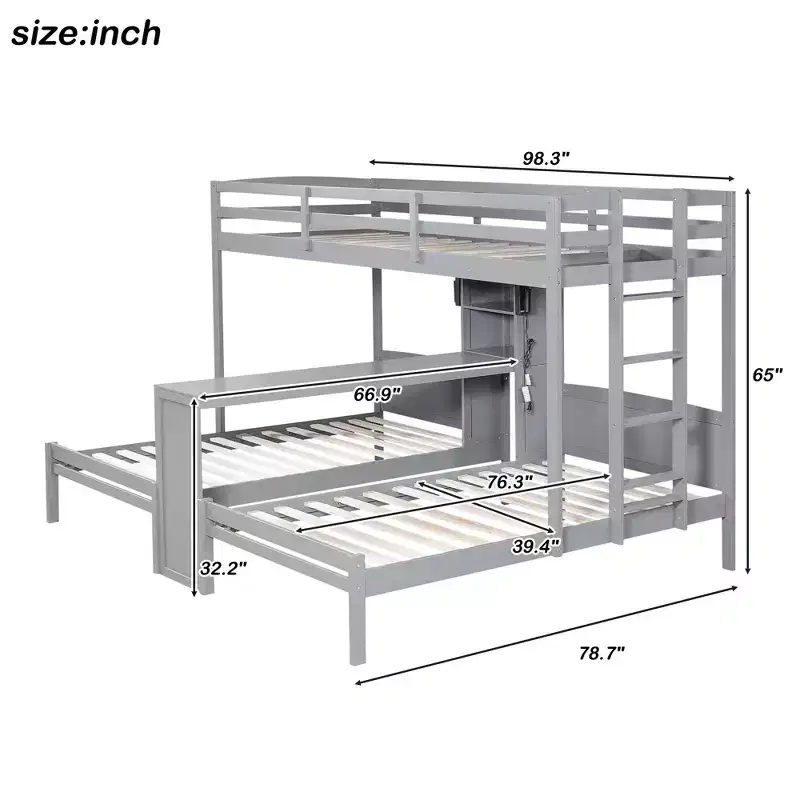 Luxystar Twin over Twin and Twin Bunk Bed with Built-in Desk, Bookcase and Lights
