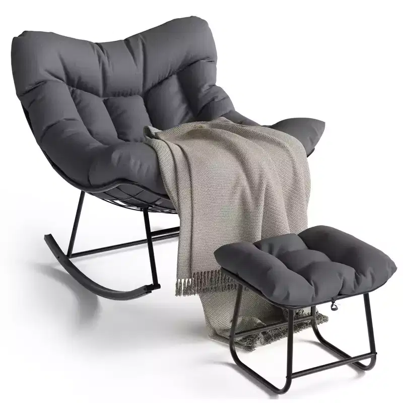 Oversized Lounge Chair with Footrest, Outdoor Papasan Rocking Chair with Ottoman and Sturdy Metal Frame, Patio Rattan Egg Rocker