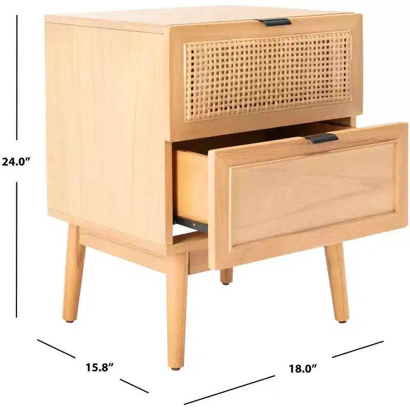 2-Drawer Rattan Nightstand with Splayed Legs, Mid-Century Coastal Bedroom Table