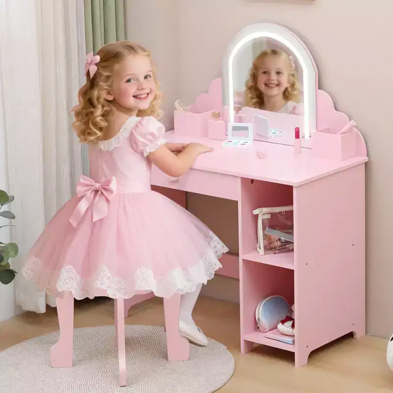 Kids Vanity Desk with Mirror, Princess Makeup Vanity Table with Stool, Drawer,Storage Shelves & Cubbies, Toddler Wood Dressing Table for Little Girls