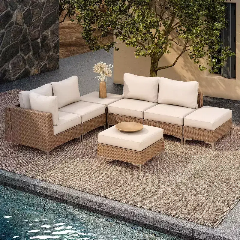 LAUSAINT HOME 7 Pieces Outdoor Patio Furniture Set, Sectional Conversation Sofa with Adjustable Backrests & Storage Ottoman, Beige