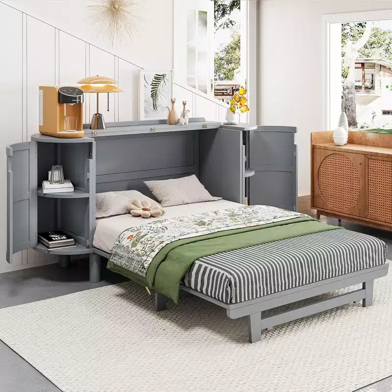 Full/Queen Rattan Murphy Bed Wall Bed with Storage, Wood Cabinet Bed Folding Wall Bed for Guest Room Office