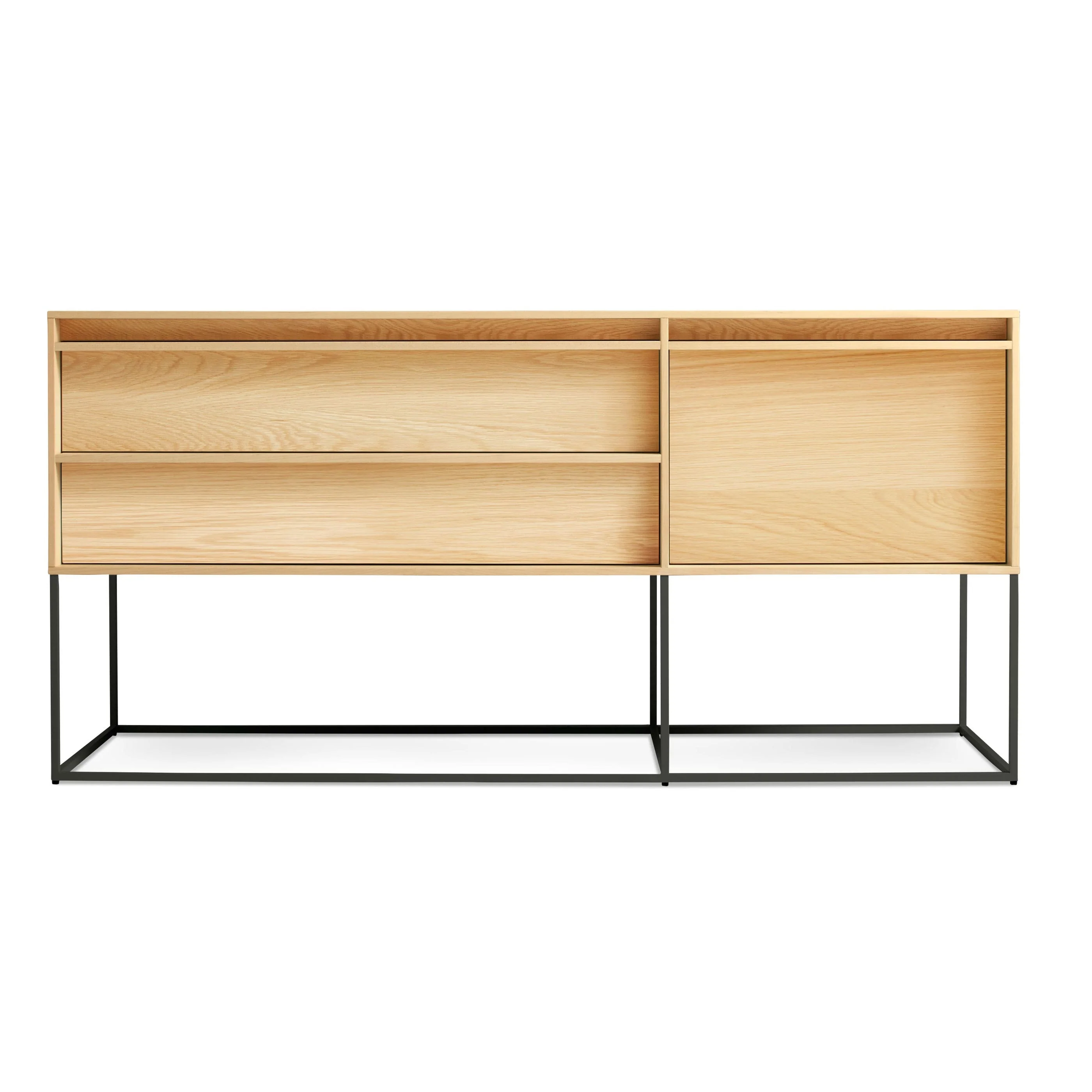 Modern Walnut Wood Cabinet with Wood Pulls & Steel Base for Living Room