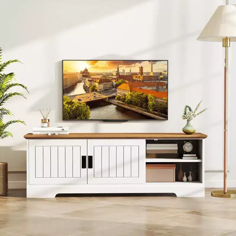 Costway Farmhouse TV Stand for TVs up to 65 with Sliding Doors Storage Cabinets