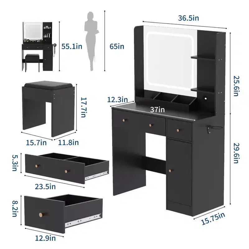 COZONY Makeup Vanity with Lights & Mirror, Vanity Table with Charging Station, Hair Dryer Holder, Storage Drawers & Shelves, Upholstered Stool