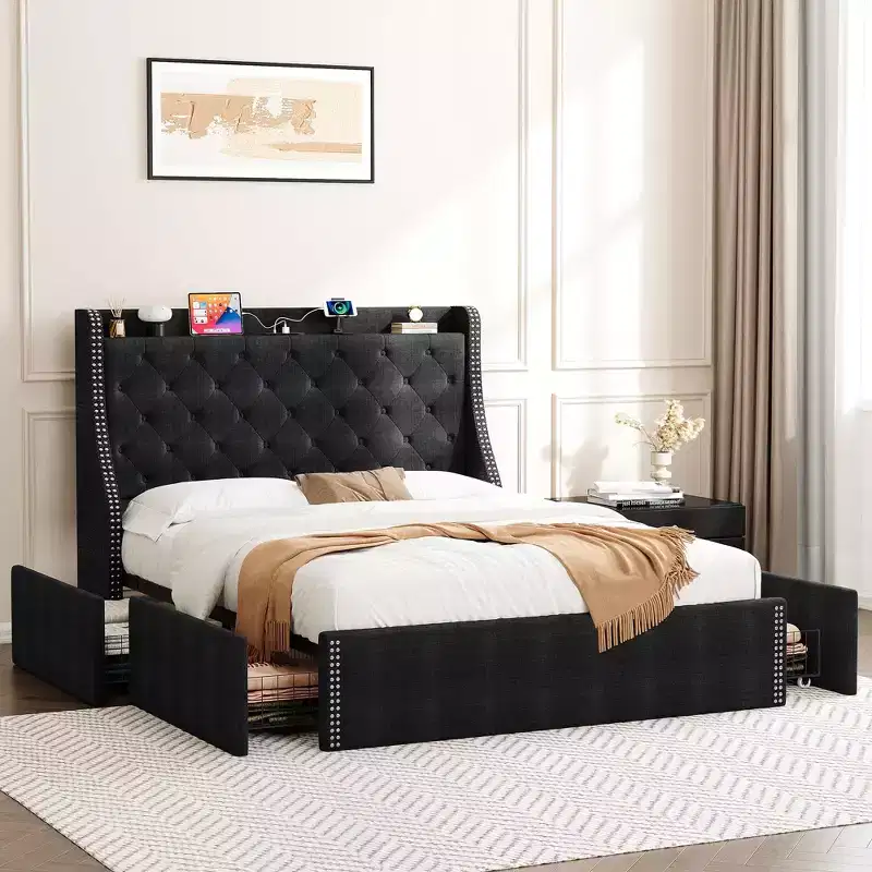 Full/Queen Upholstered Platform Bed Frame with Charging Headboard and 4 Storage Drawers - Linen Fabric with Nailhead Trim