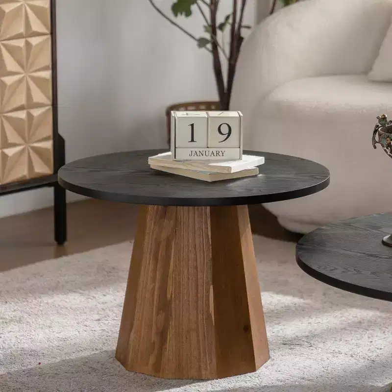 Round Coffee Table with Real Bark Pattern Veneer and Sturdy Pedestal Base